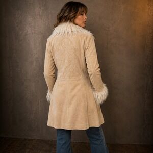 Y2K MIXIT Leather Penny Lane Coat Petite S Faux Fur Embroidered Boho Western